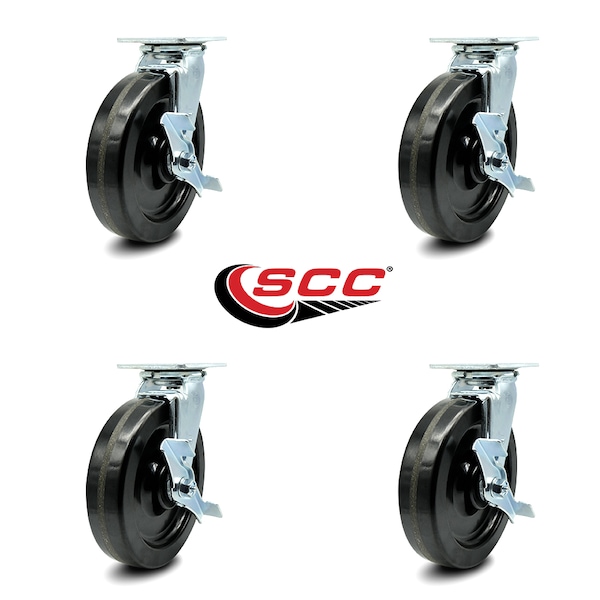 8 Inch Phenolic Swivel Caster Set With Roller Bearings And Brakes